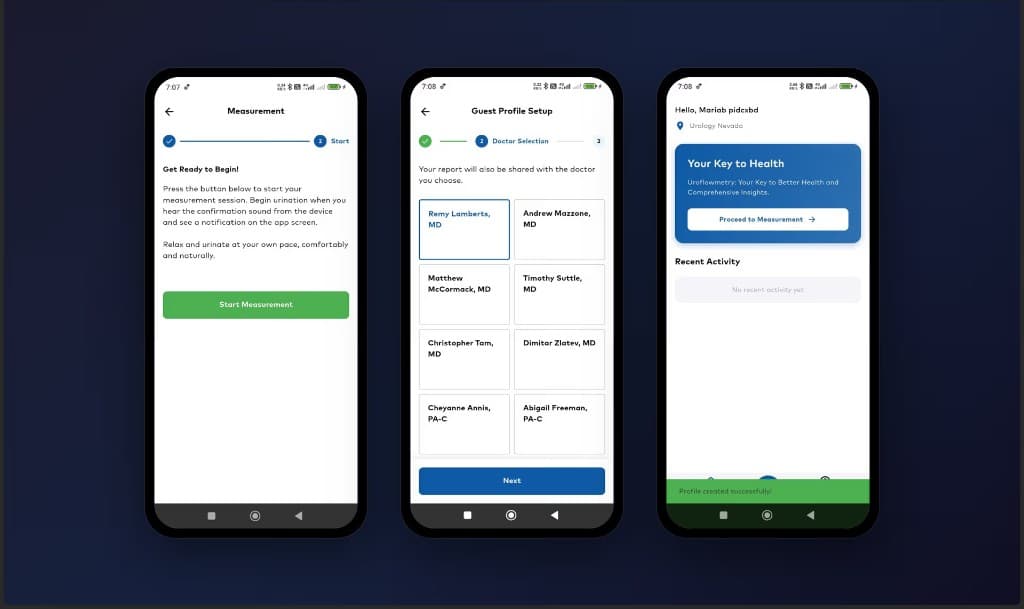 Urology monitoring mobile app — guest profile setup and measurement flows