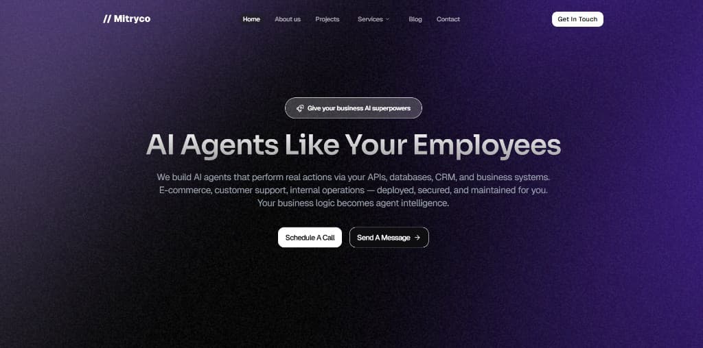 Mitryco marketing site — hero and navigation