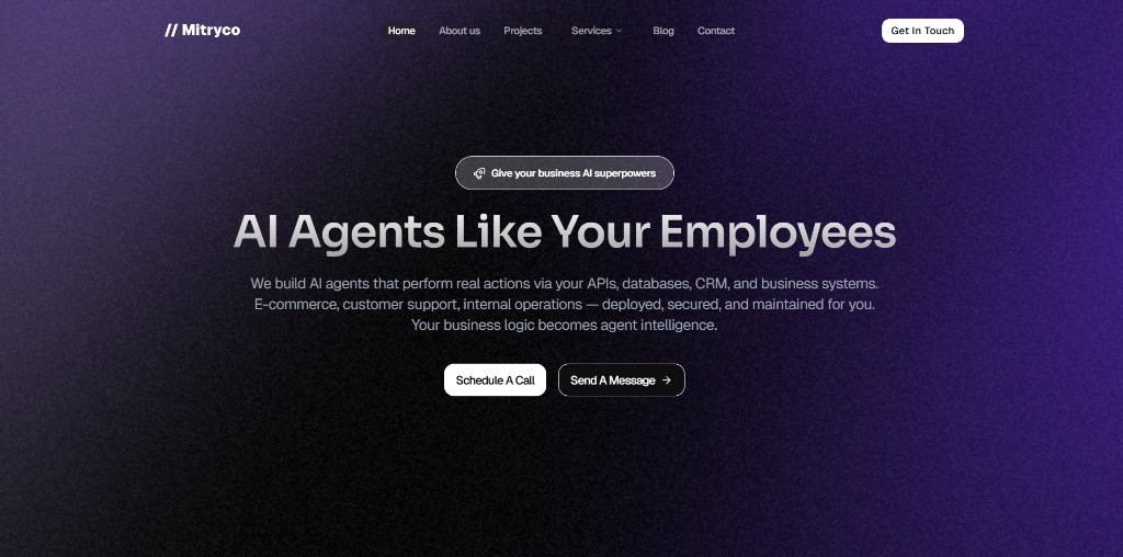 Mitryco marketing site — hero and navigation